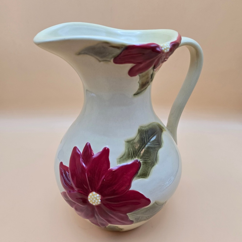 Christmas Poinsettia Ceramic Pitcher Red Green‎ Holiday Floral Serving Vase 8.5"